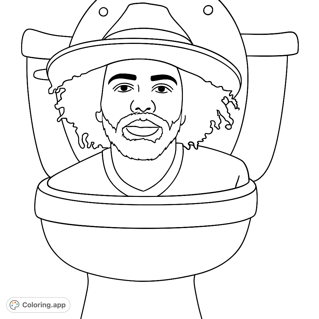 A humorous character coloring page featuring a man with curly hair and a hat emerging from a toilet. A free printable coloring page for fun!