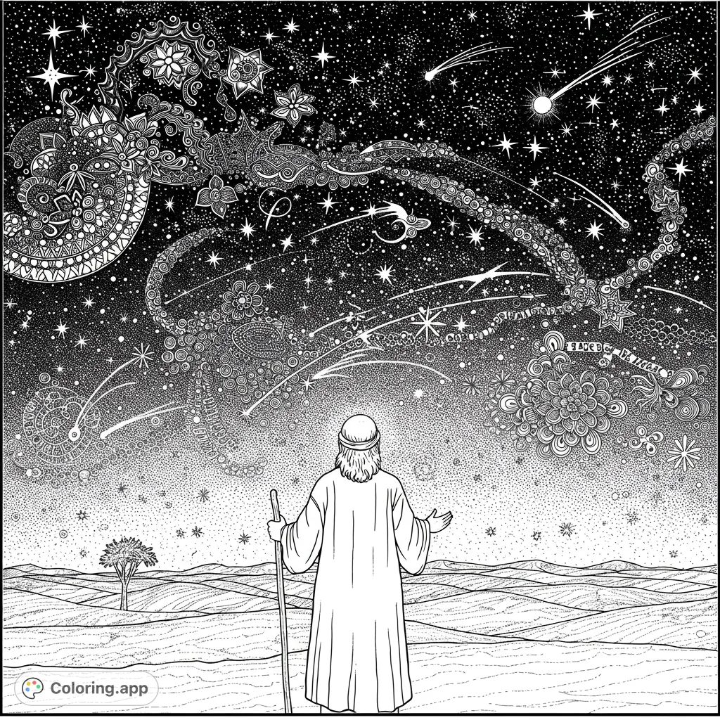 A robed figure gazes at an intricate, star-filled cosmic sky with swirling celestial patterns over a barren desert. A mystical, detailed coloring page.