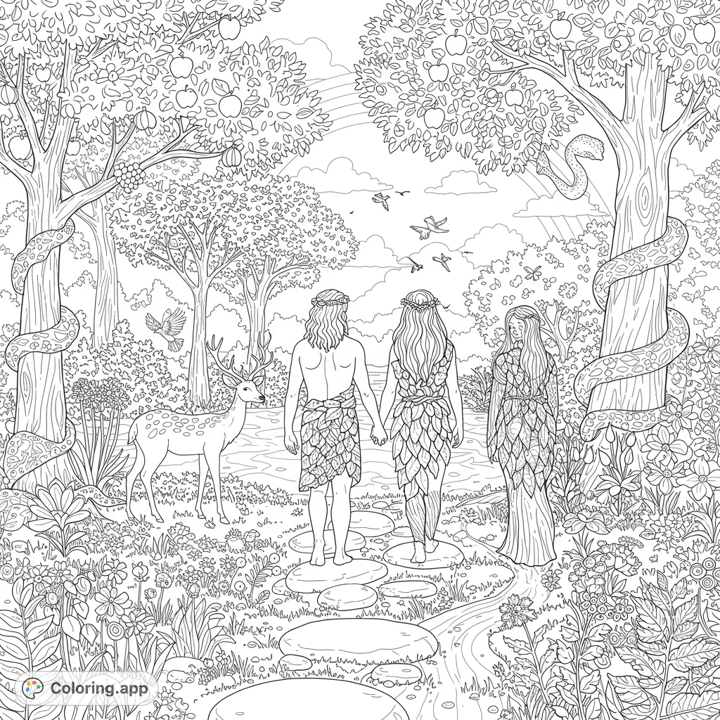 Explore a detailed Garden of Eden coloring page featuring Adam, Eve, a third figure, and abundant nature with animals and serpents. Free printable.
