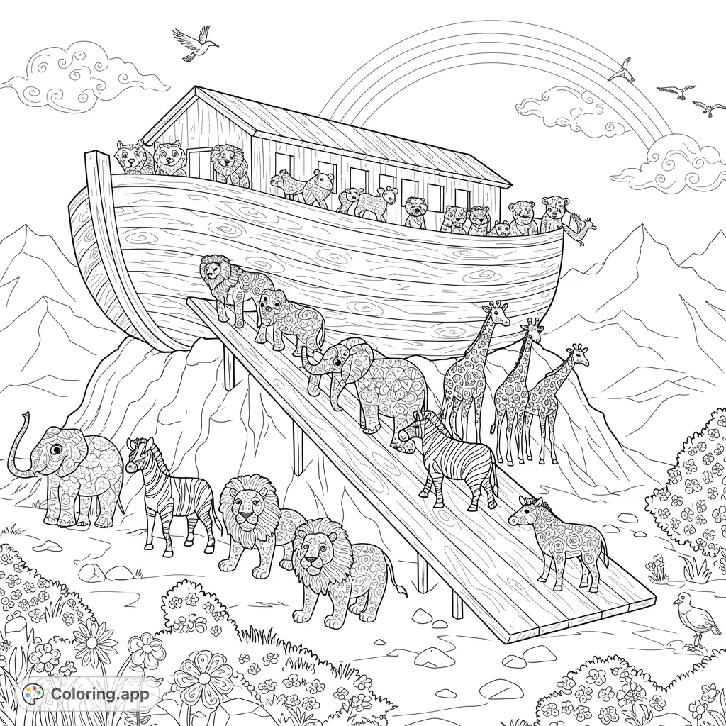A detailed Noah's Ark coloring page featuring pairs of animals, some with intricate patterns, ascending a ramp under a rainbow.