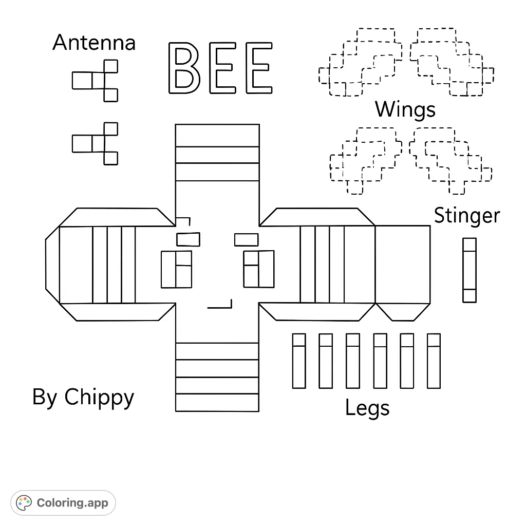 A unique geometric bee papercraft template, perfect for creative assembly and coloring. Features blocky wings and a foldable body.