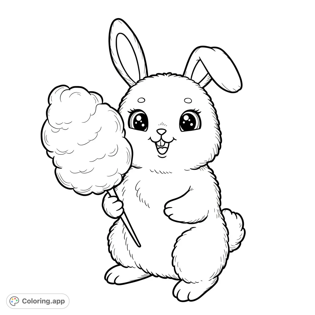 Adorable fluffy bunny holding a large, fluffy cotton candy. A sweet and fun free printable coloring page for kids and adults.