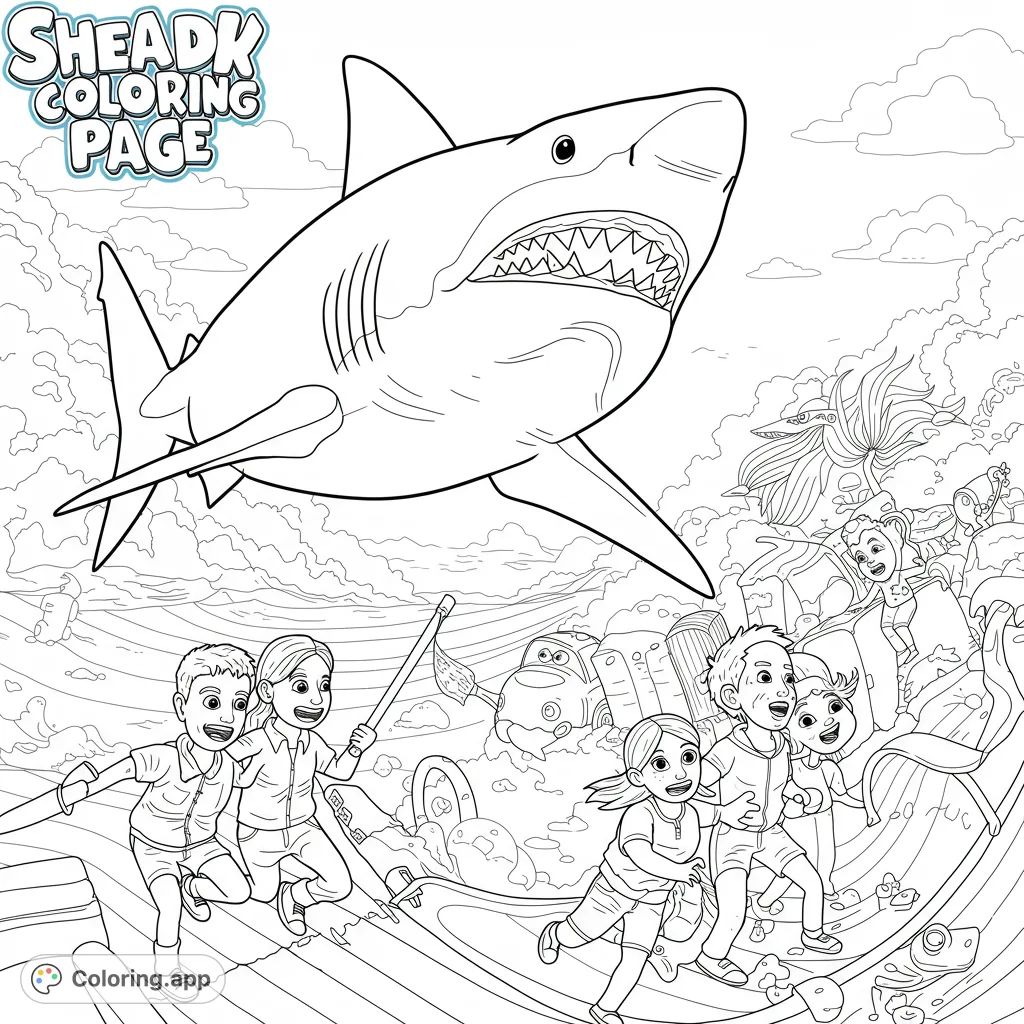 An exciting shark encounter coloring page featuring a massive great white shark leaping from turbulent waves as children escape on floating debris. A thrilling ocean adventure awaits!