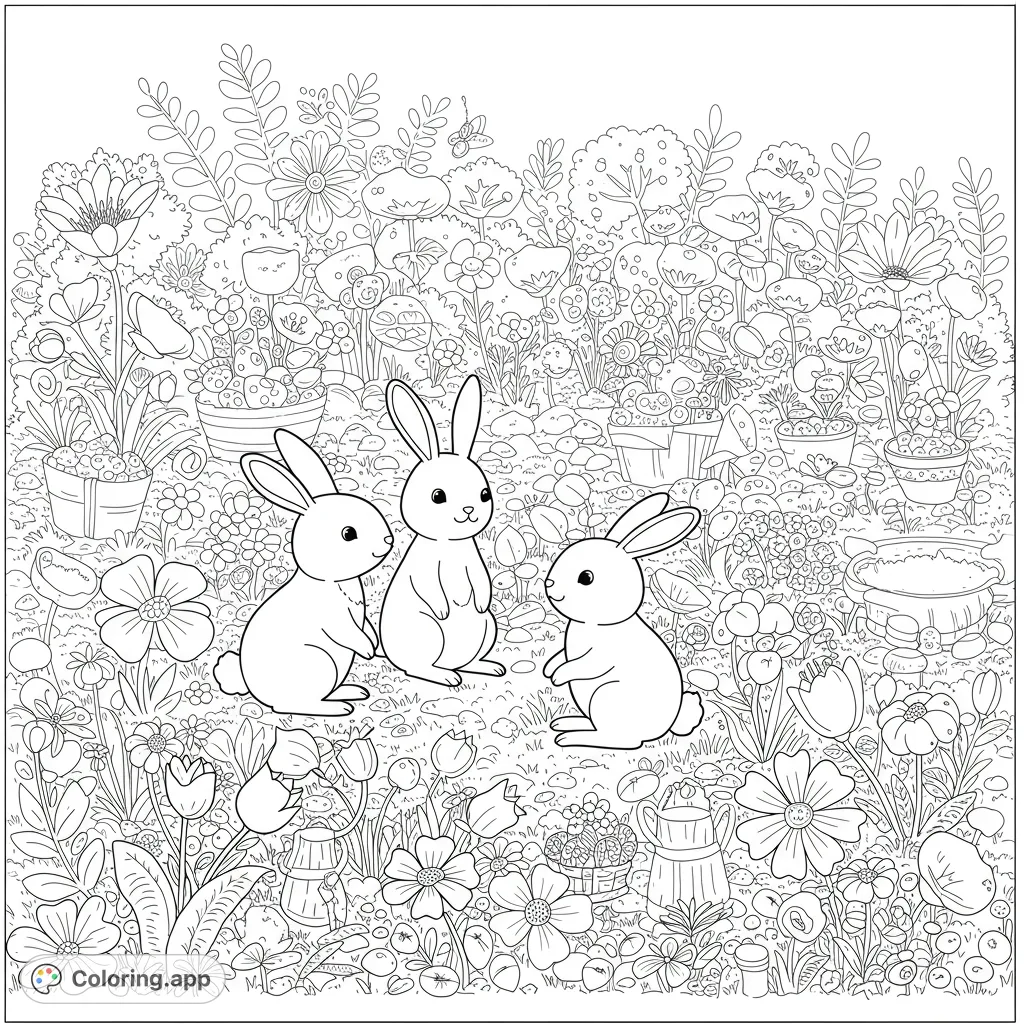 Adorable bunnies explore a vibrant garden filled with flowers and plants. A charming free printable bunny coloring page for all ages.