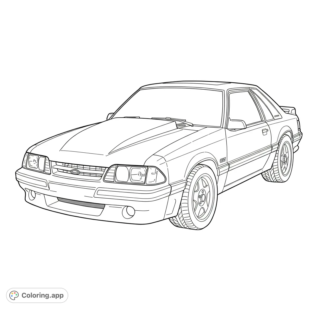 Color a classic 1980s Ford Mustang GT, featuring its iconic hood scoop, sleek lines, and detailed wheels. A free printable car coloring page for enthusiasts.