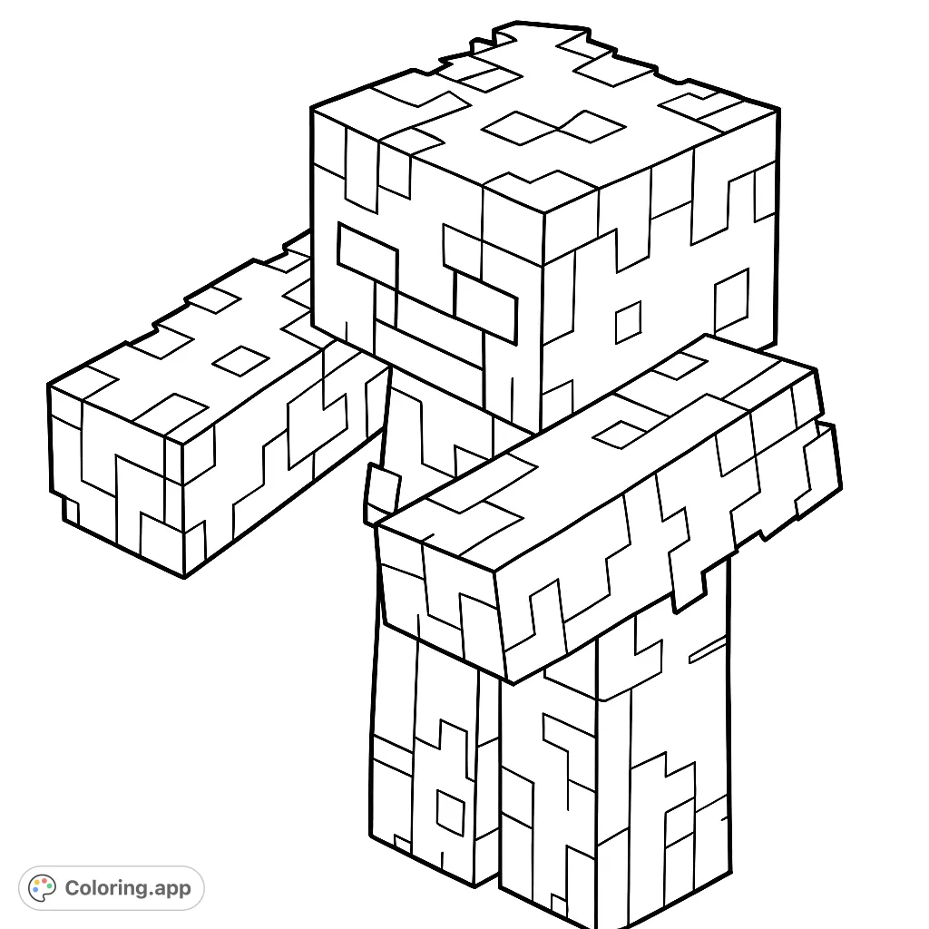 Color a blocky stone golem character with intricate pixelated textures. A free printable blocky character coloring page for all ages.
