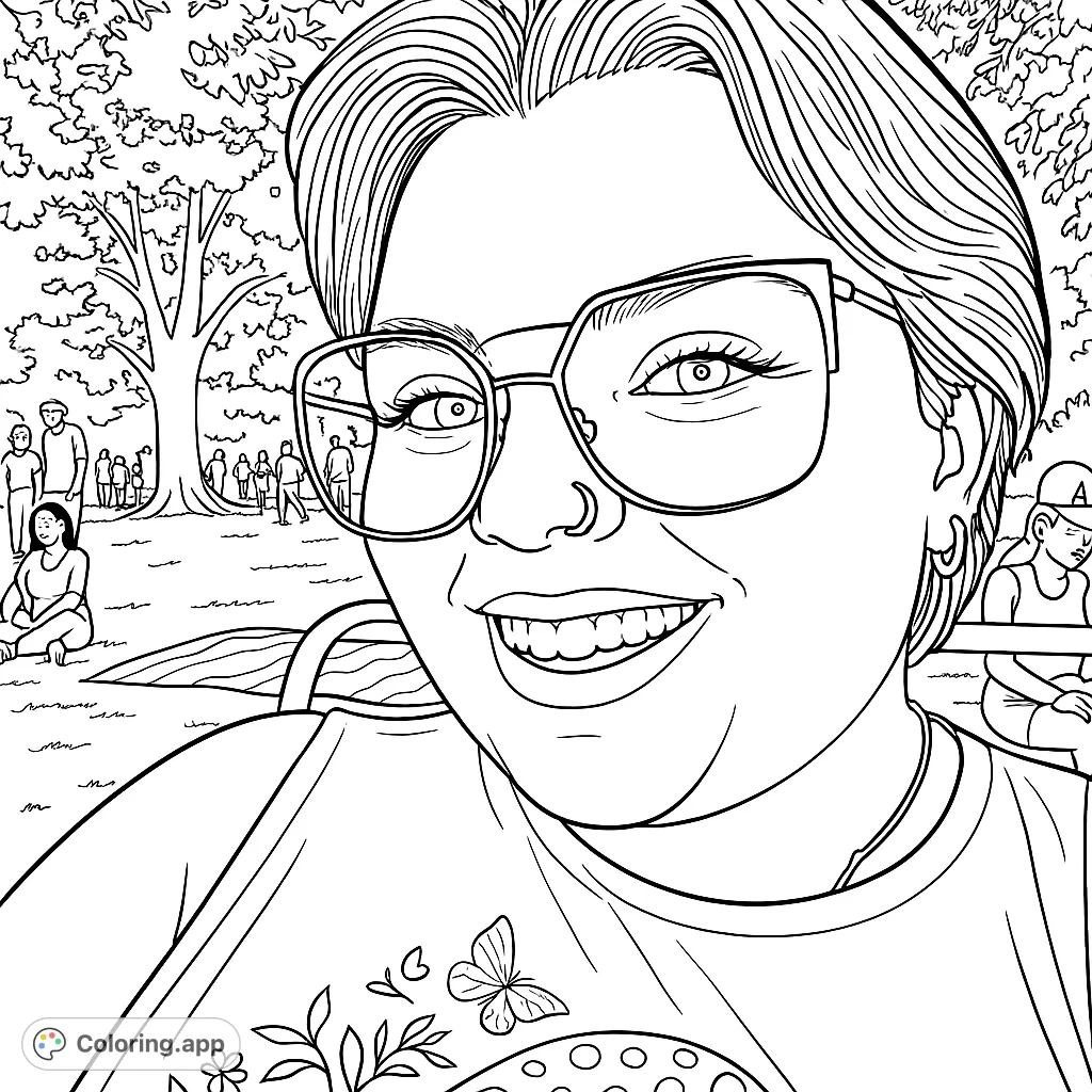 A cheerful person with unique geometric glasses and a mushroom-themed top enjoys a sunny day in the park. Perfect for creative expression.