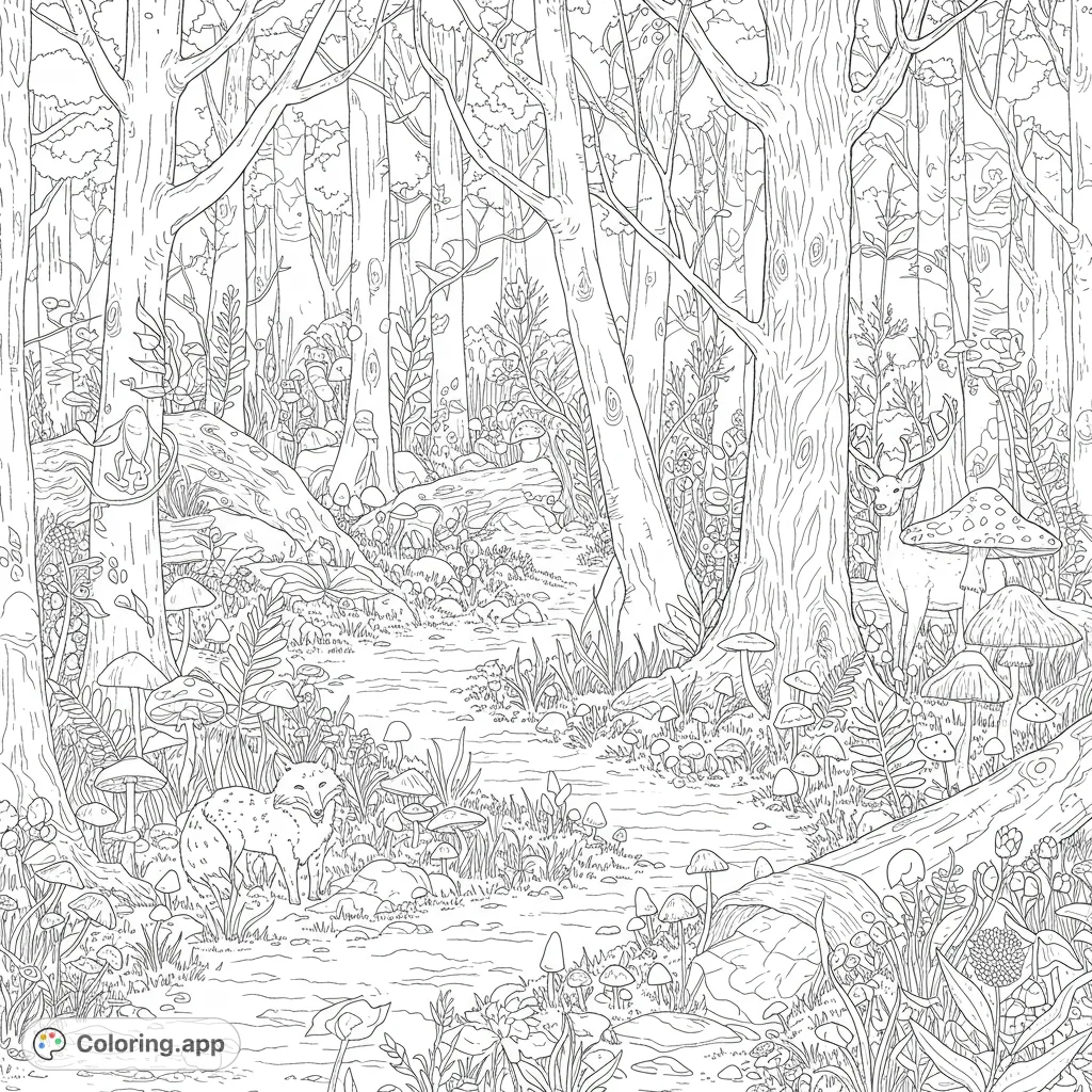 Explore a magical forest path teeming with wildlife and intricate flora. A deer and fox await your colors in this detailed nature scene.