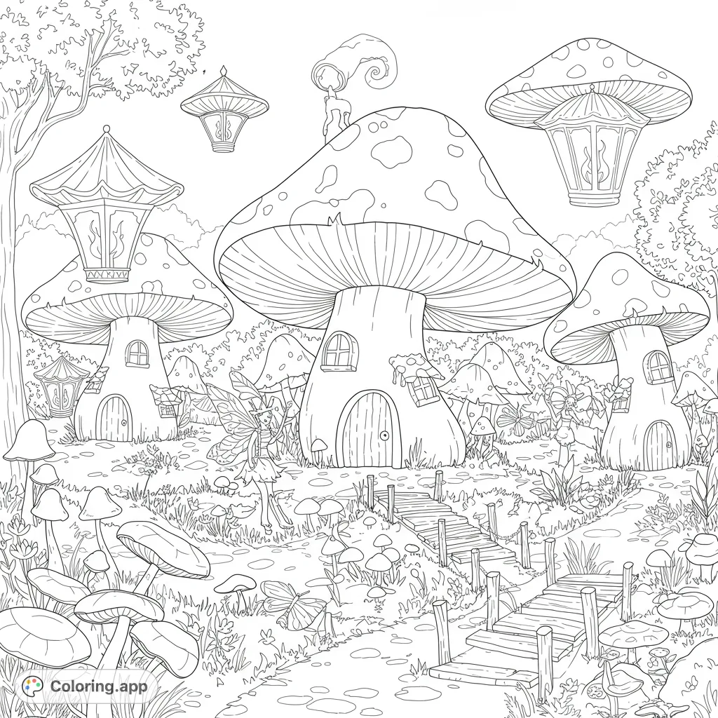 Explore a whimsical fairy mushroom village with charming houses, tiny fairies, and a winding path. A magical fantasy scene for creative coloring.