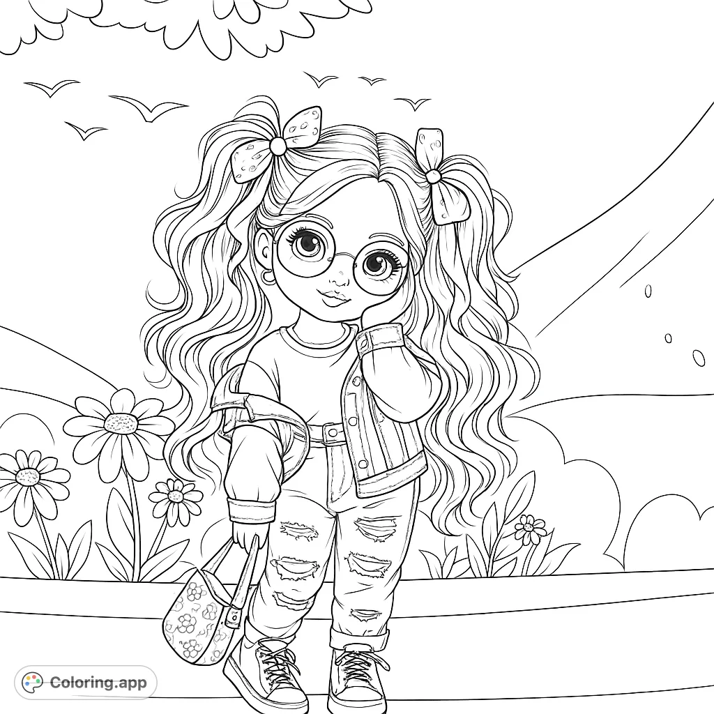 A charming girl with glasses and pigtails stands in a park with flowers and hills. A free printable cute girl coloring page for kids and adults.
