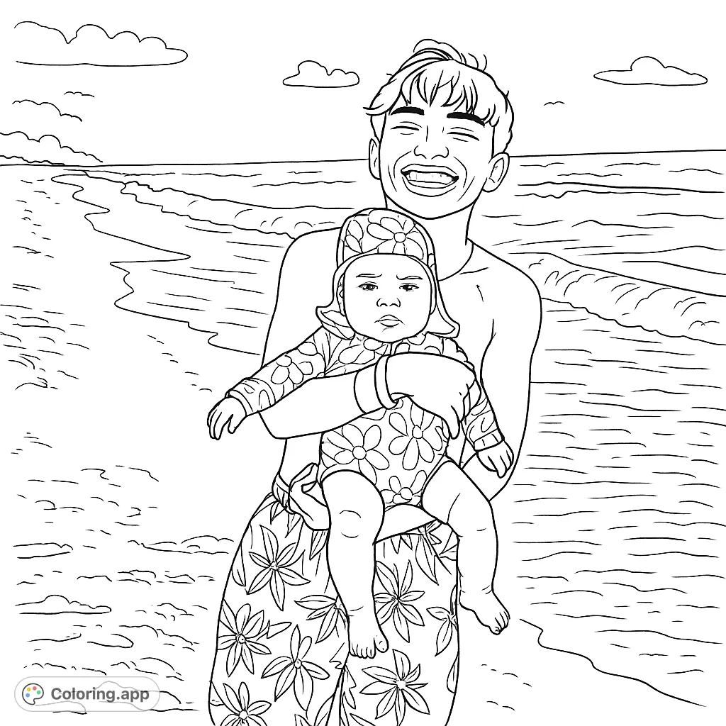 A joyful beach family coloring page featuring a person holding a baby, perfect for summer fun. Free printable coloring page for kids and adults.