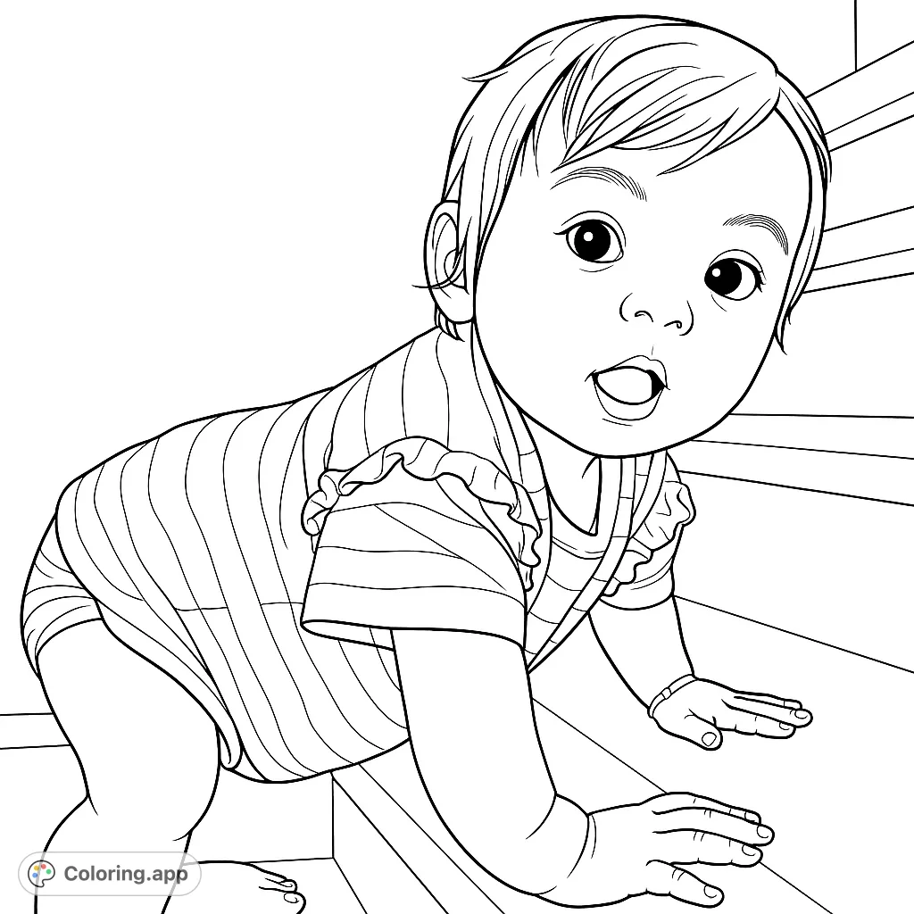 An adorable baby crawling forward, looking with wide eyes. Features a striped onesie and simple background, perfect for a delightful baby coloring page.