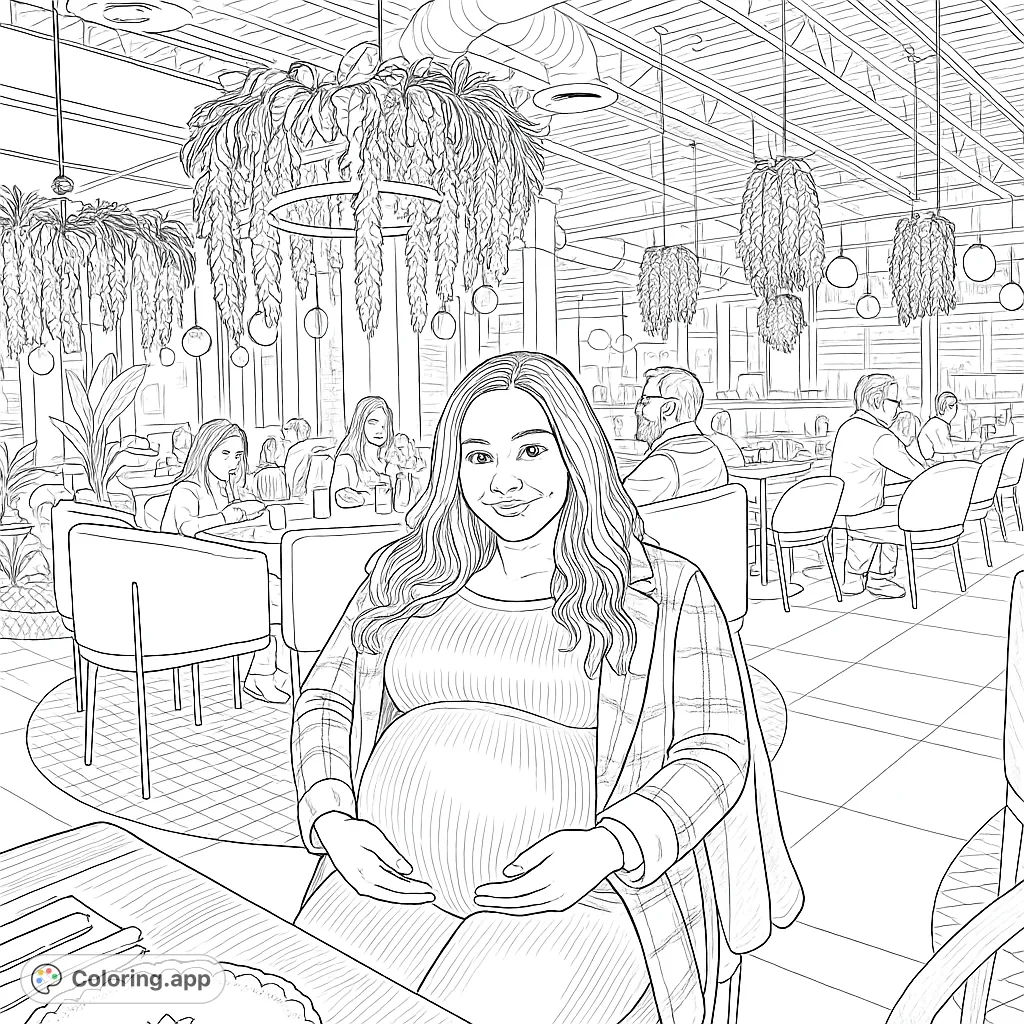 A beautiful pregnant woman smiles, cradling her bump in a cozy cafe. A heartwarming free printable coloring page for expecting parents.
