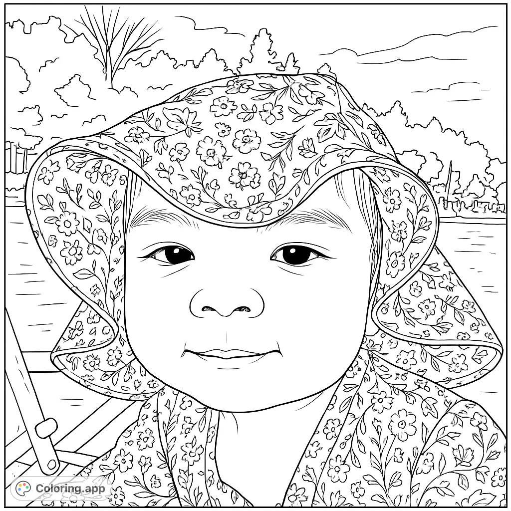 Adorable baby in a floral hat, smiling sweetly. A charming free printable coloring page for kids and adults, perfect for a peaceful moment.