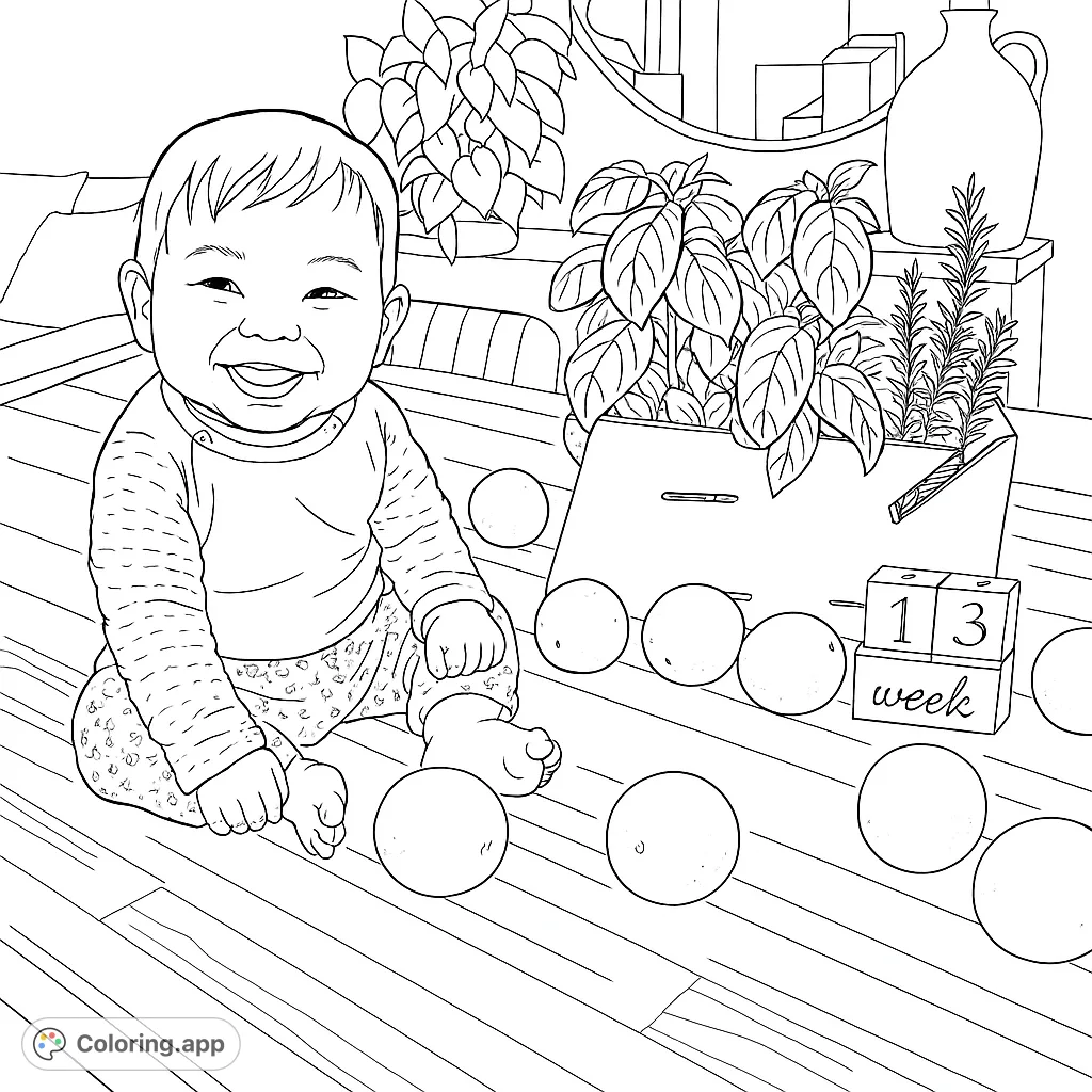 Adorable baby smiling on a wooden floor surrounded by playful balls and lush plants. A heartwarming, free printable baby coloring page.