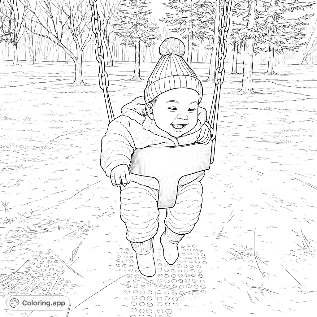 A delightful baby bundled in winter wear, joyfully swinging in a park. A free printable baby coloring page for kids and adults.