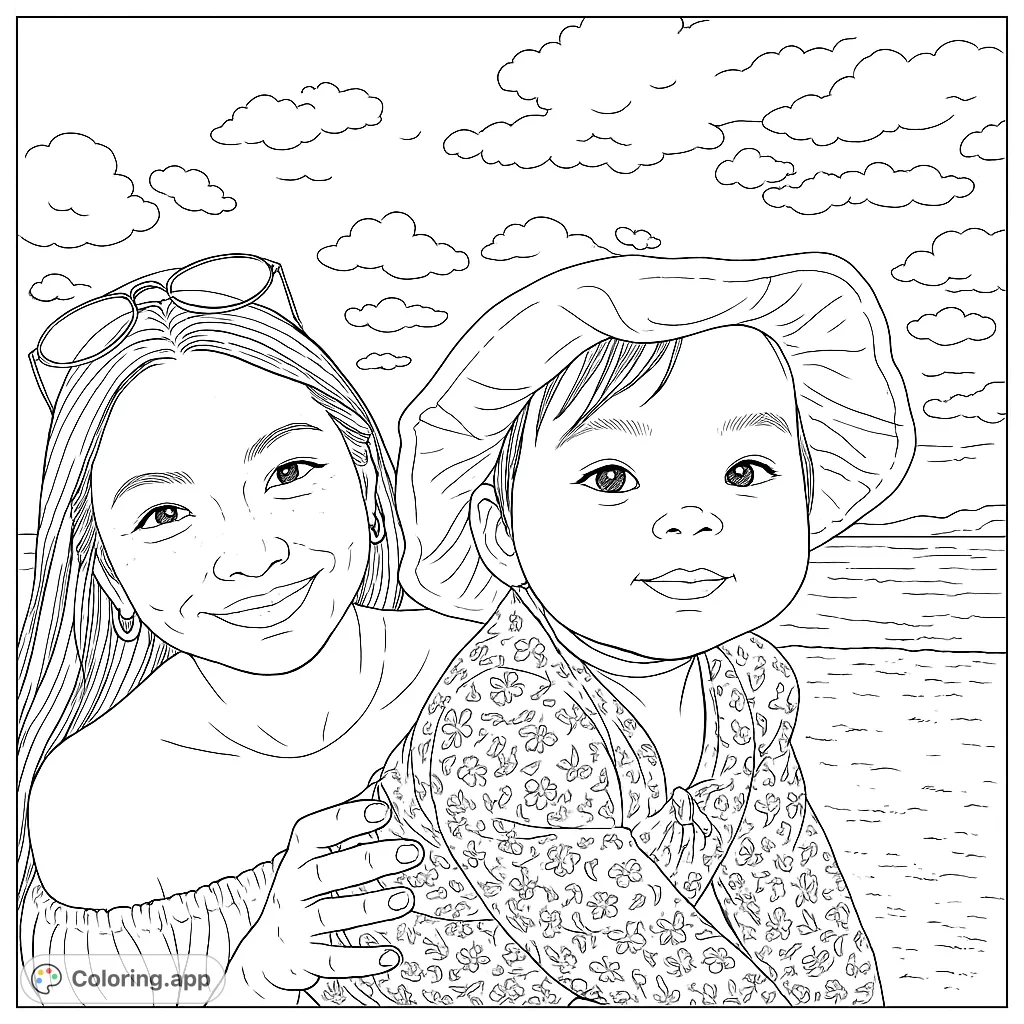 A heartwarming beach scene featuring a smiling woman and a cute baby in a hat, perfect for a family coloring page. Free printable for all ages.