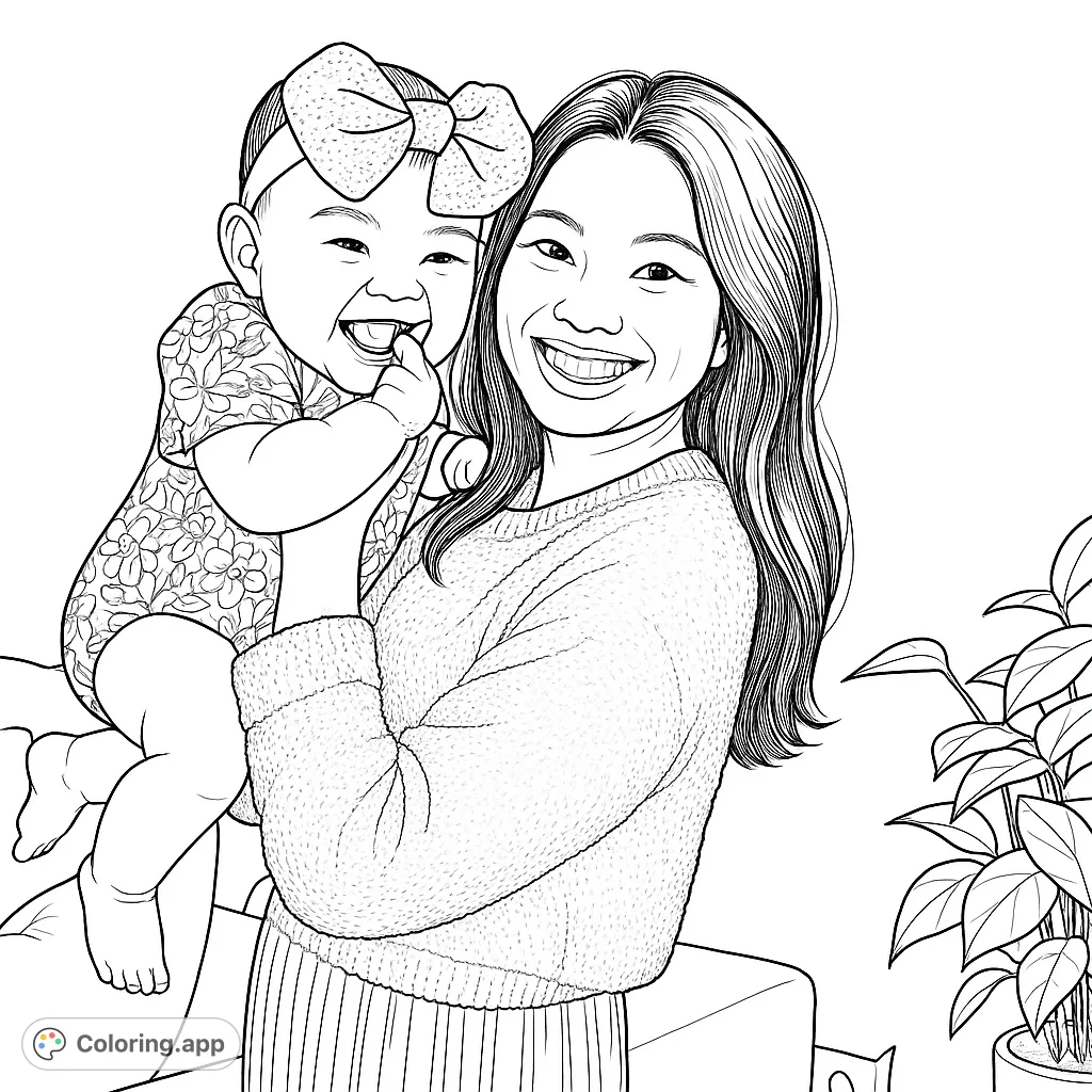 A heartwarming mother and baby coloring page, featuring a joyful mom holding her laughing baby with a cute bow. Perfect for family fun!