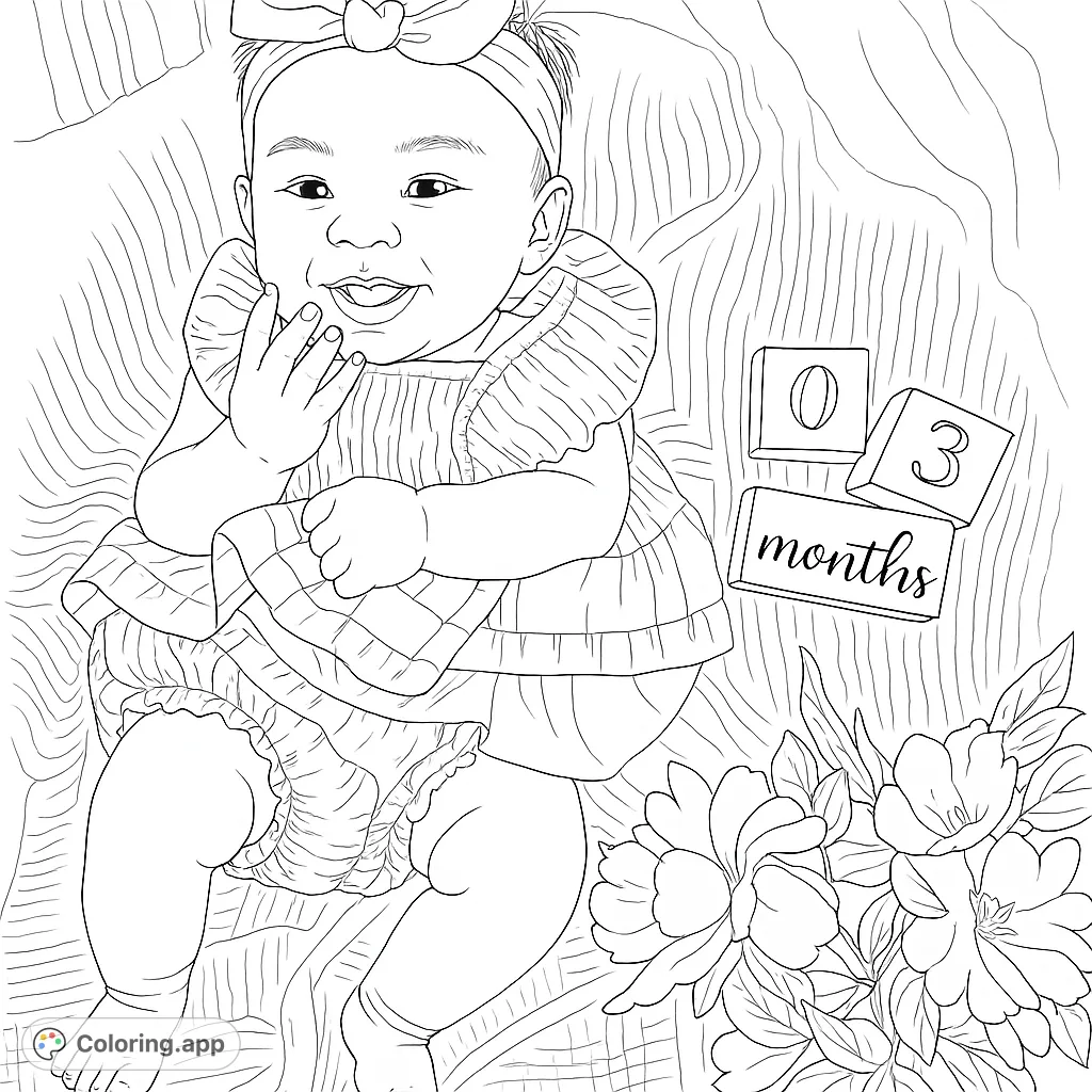 Capture a precious baby milestone with this adorable free printable baby coloring page. Features a smiling infant, milestone blocks, and flowers.