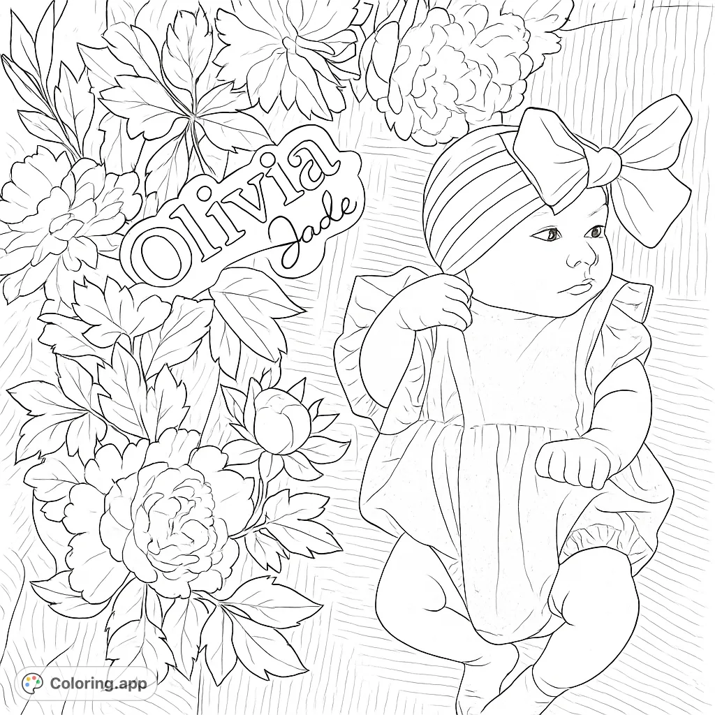 An adorable baby in a bow headband, surrounded by lush peonies. A charming baby coloring page, perfect for new parents and floral enthusiasts.