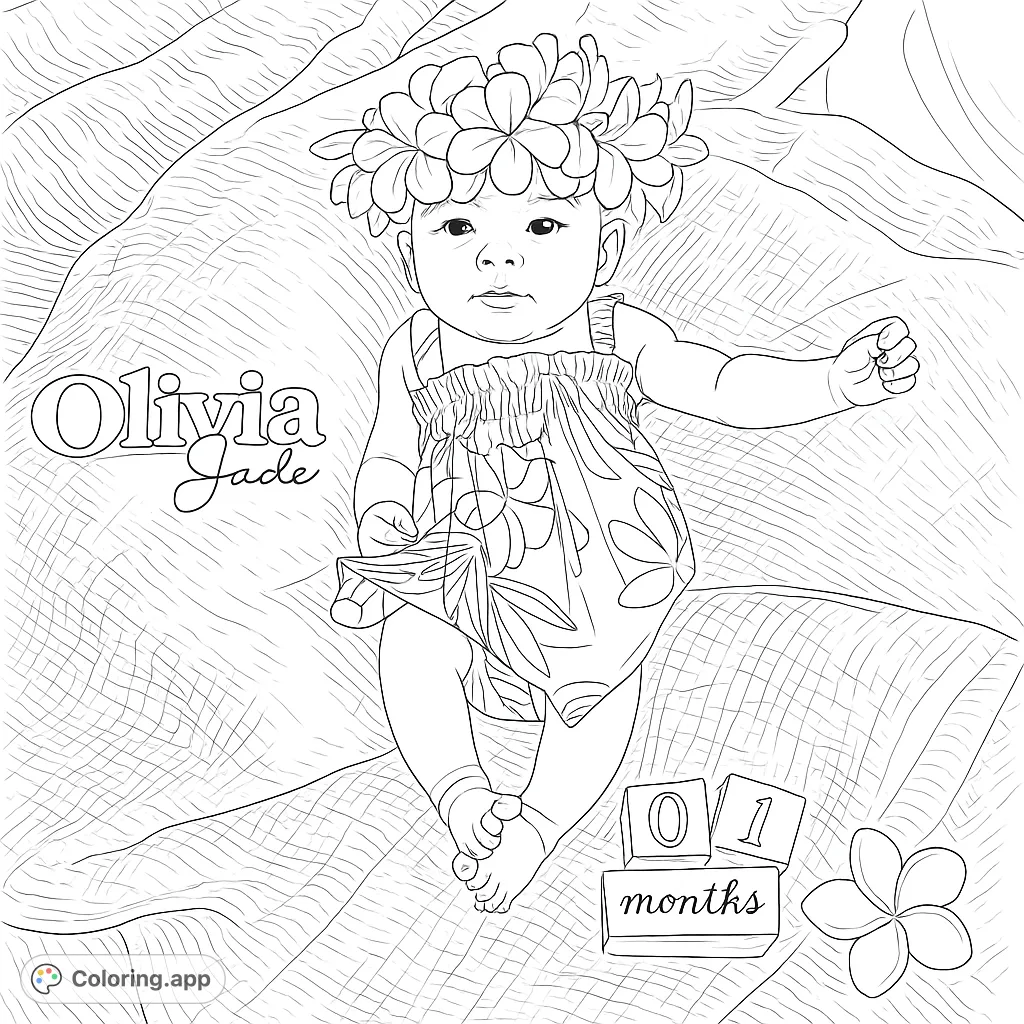 Adorable baby wearing a flower crown and patterned romper, lying on a textured blanket, perfect for celebrating new arrivals. A sweet newborn baby coloring page.