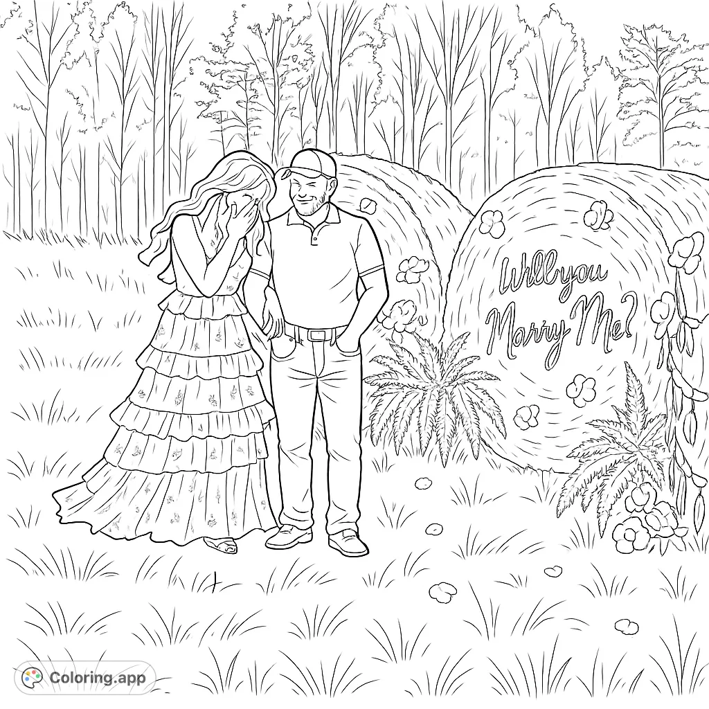 A romantic countryside proposal scene featuring a couple, hay bales, and a forest backdrop, perfect for a free printable coloring page.