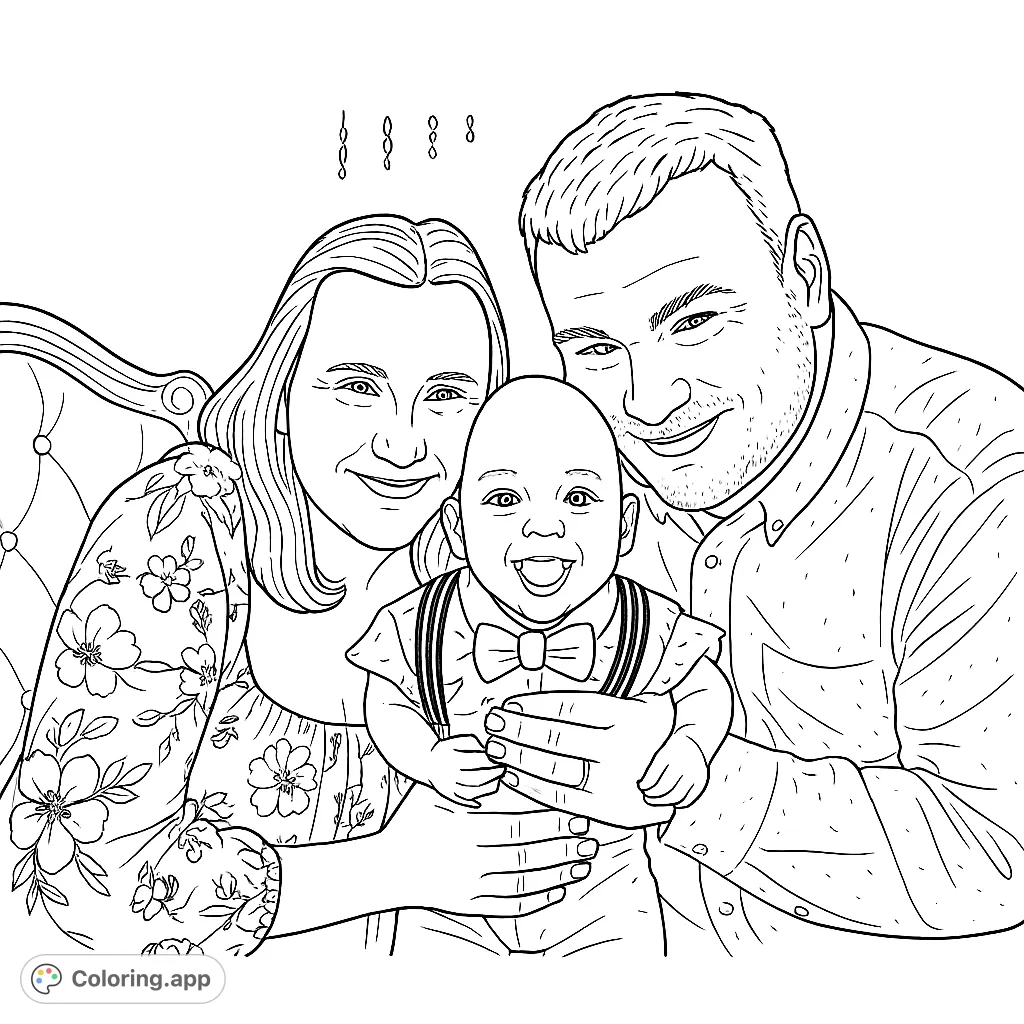 A heartwarming family portrait coloring page featuring a smiling mother, father, and their joyful baby, perfect for all ages.