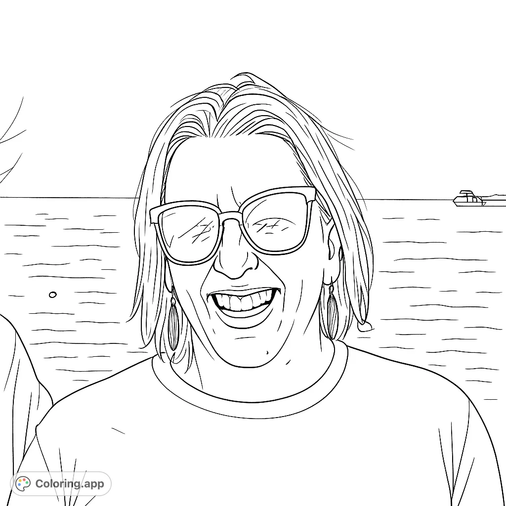 Capture pure joy with this laughing person coloring page. Featuring sunglasses, flowing hair, and a serene water background with a distant boat. Perfect for relaxation!
