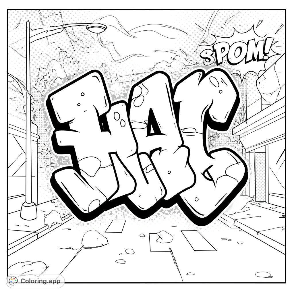 Bold graffiti letters "THAC" dominate an urban street scene with a "SPOM!" speech bubble, offering a dynamic street art coloring page.
