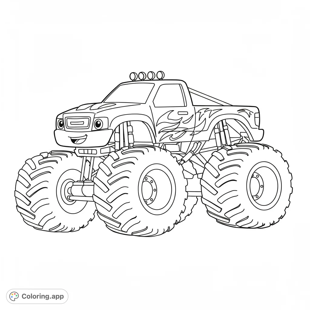 A thrilling monster truck coloring page featuring a friendly face, huge tires, and dynamic flame decals, perfect for a roaring good time.