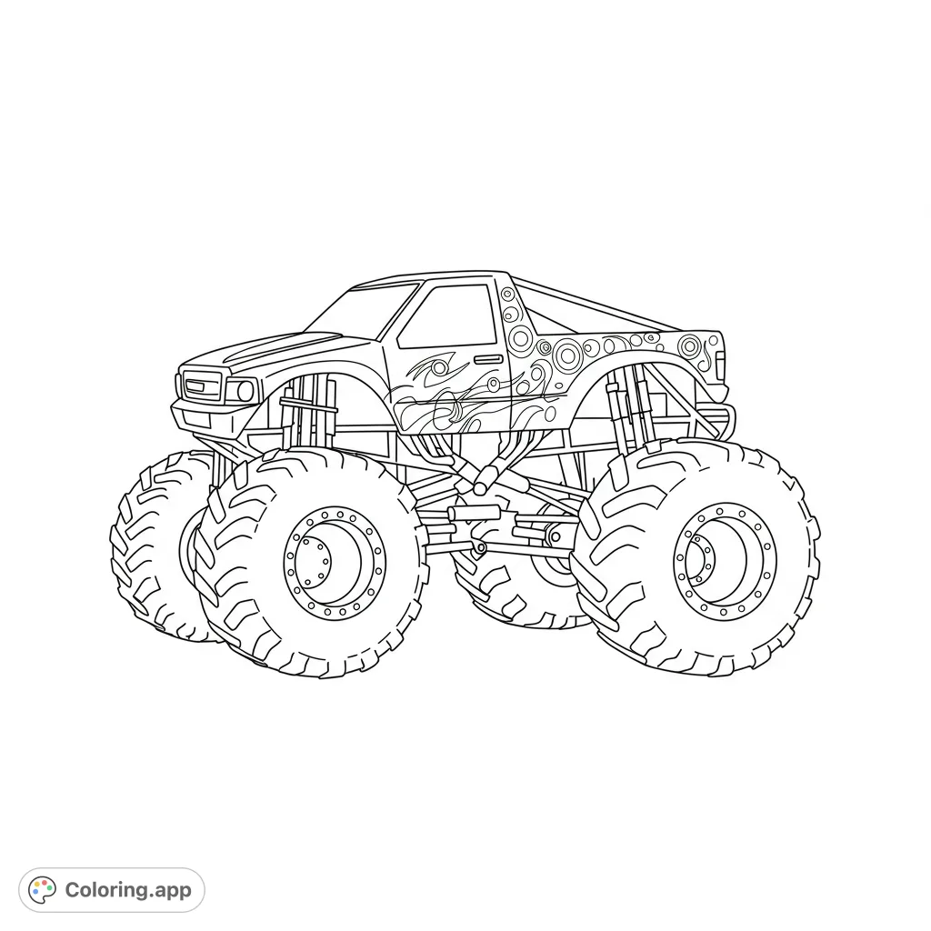 Unleash your creativity with this dynamic monster truck featuring huge tires, detailed suspension, and cool body art. A thrilling free printable coloring page!