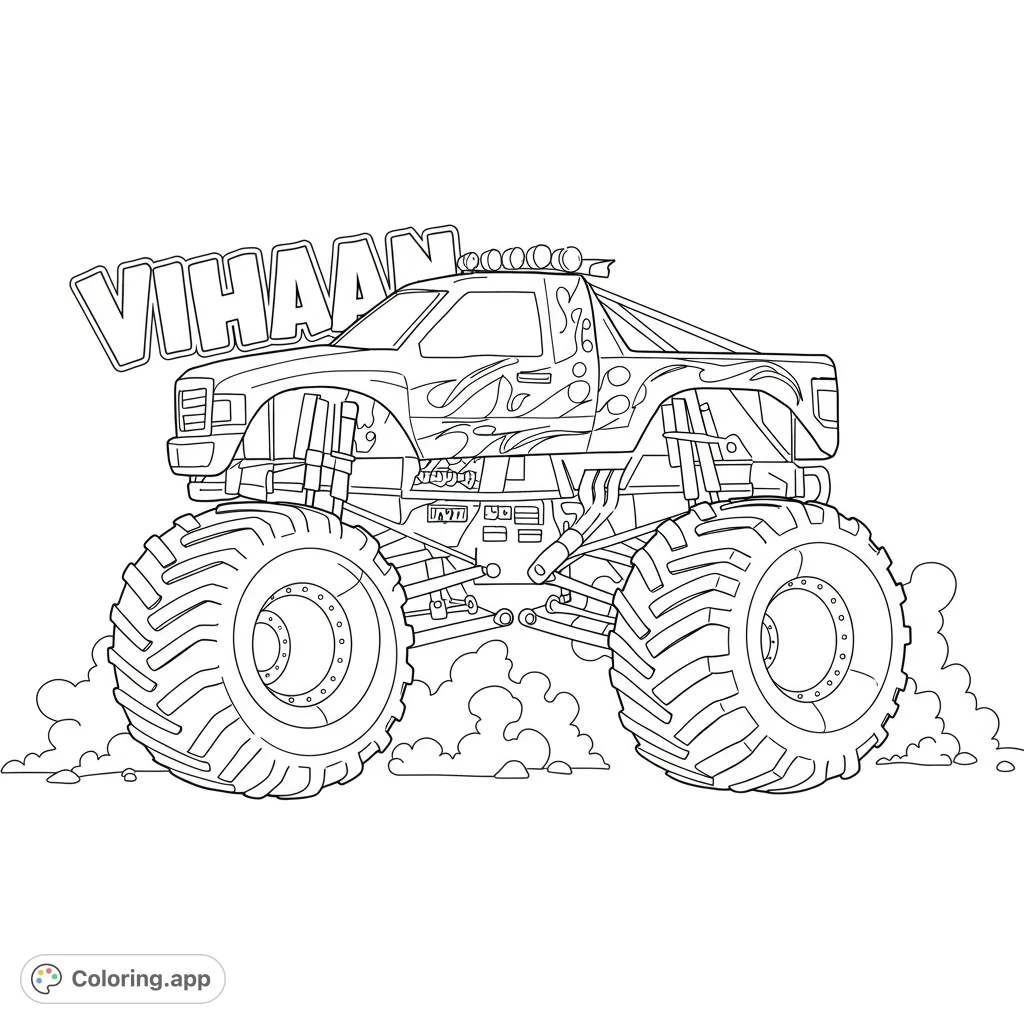 Unleash power with this monster truck coloring page! Featuring huge tires, flame decals, and dynamic dust clouds for an exciting coloring adventure.