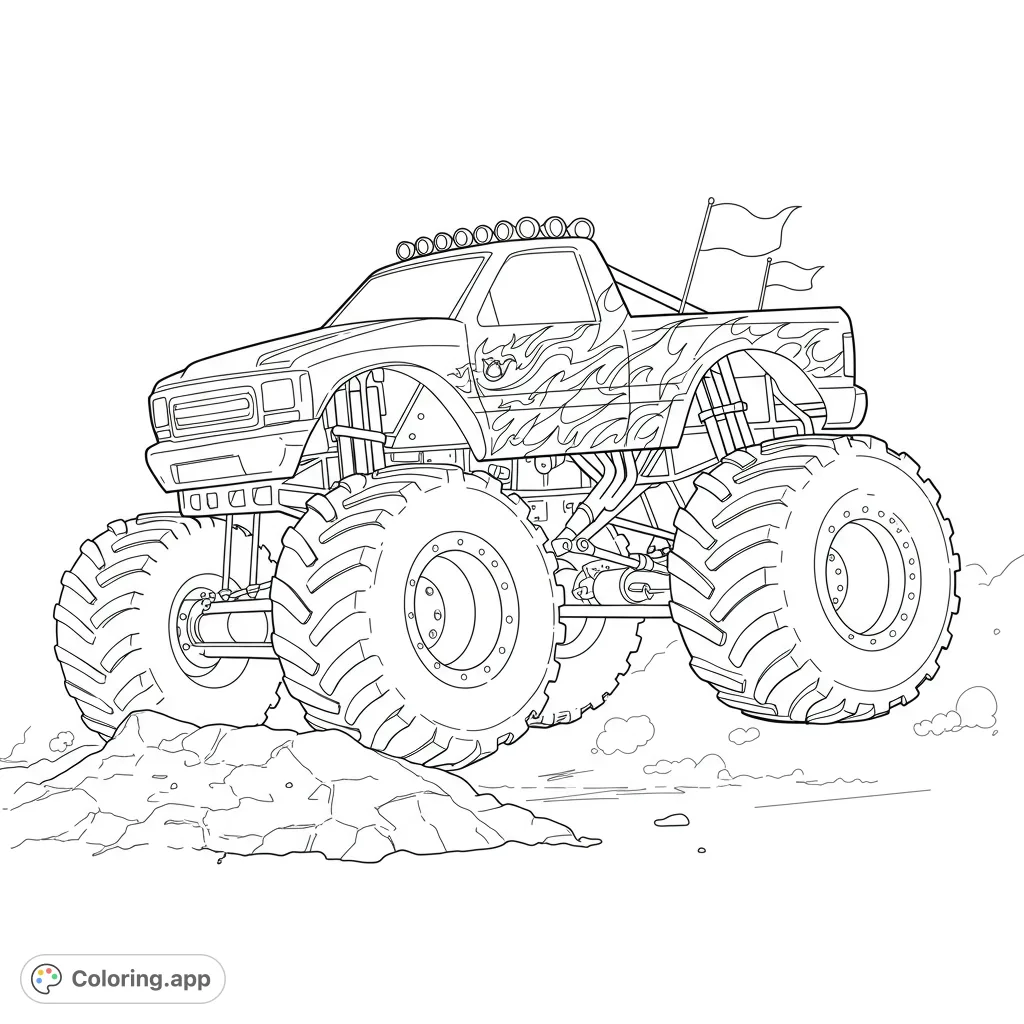 A thrilling monster truck coloring page featuring a powerful truck mid-jump over a dirt mound, with detailed flames, huge tires, and waving flags.