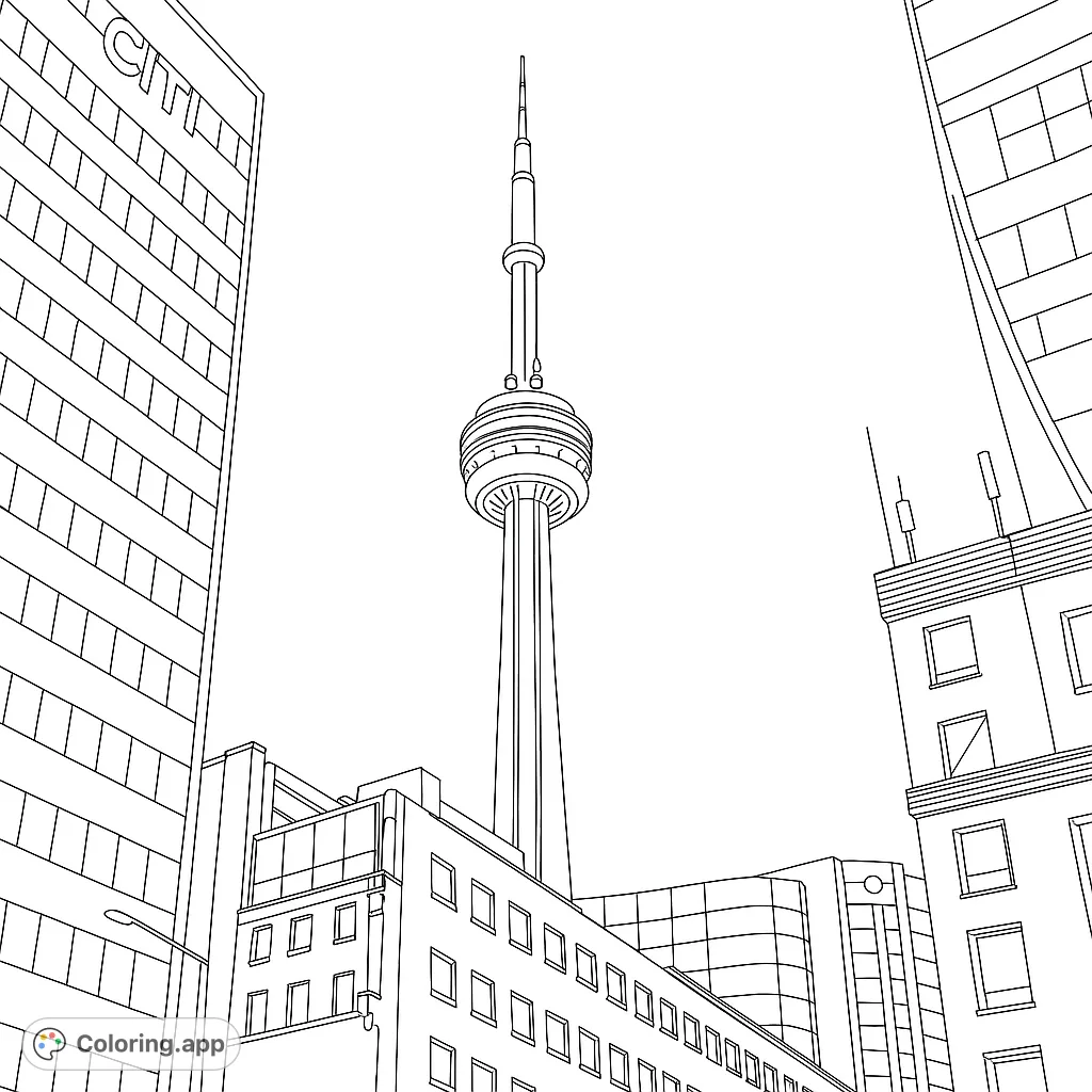 Explore an iconic Toronto cityscape featuring the CN Tower and surrounding skyscrapers. A free printable urban adventure for all ages.