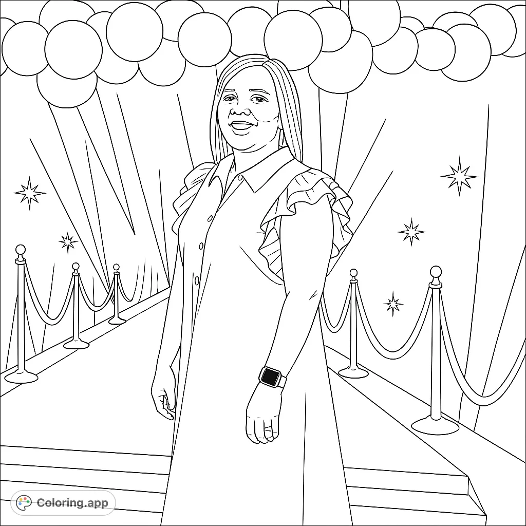 Step onto the red carpet with this glamorous celebrity coloring page! A free printable coloring page featuring a woman amidst balloons and stars, perfect for all ages.