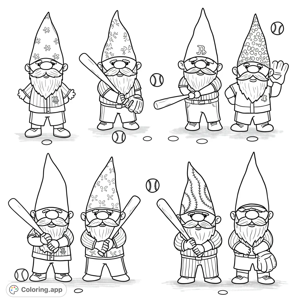 Eight charming baseball gnomes in various poses, ready for play. A fun, free printable baseball gnome coloring page for all ages.