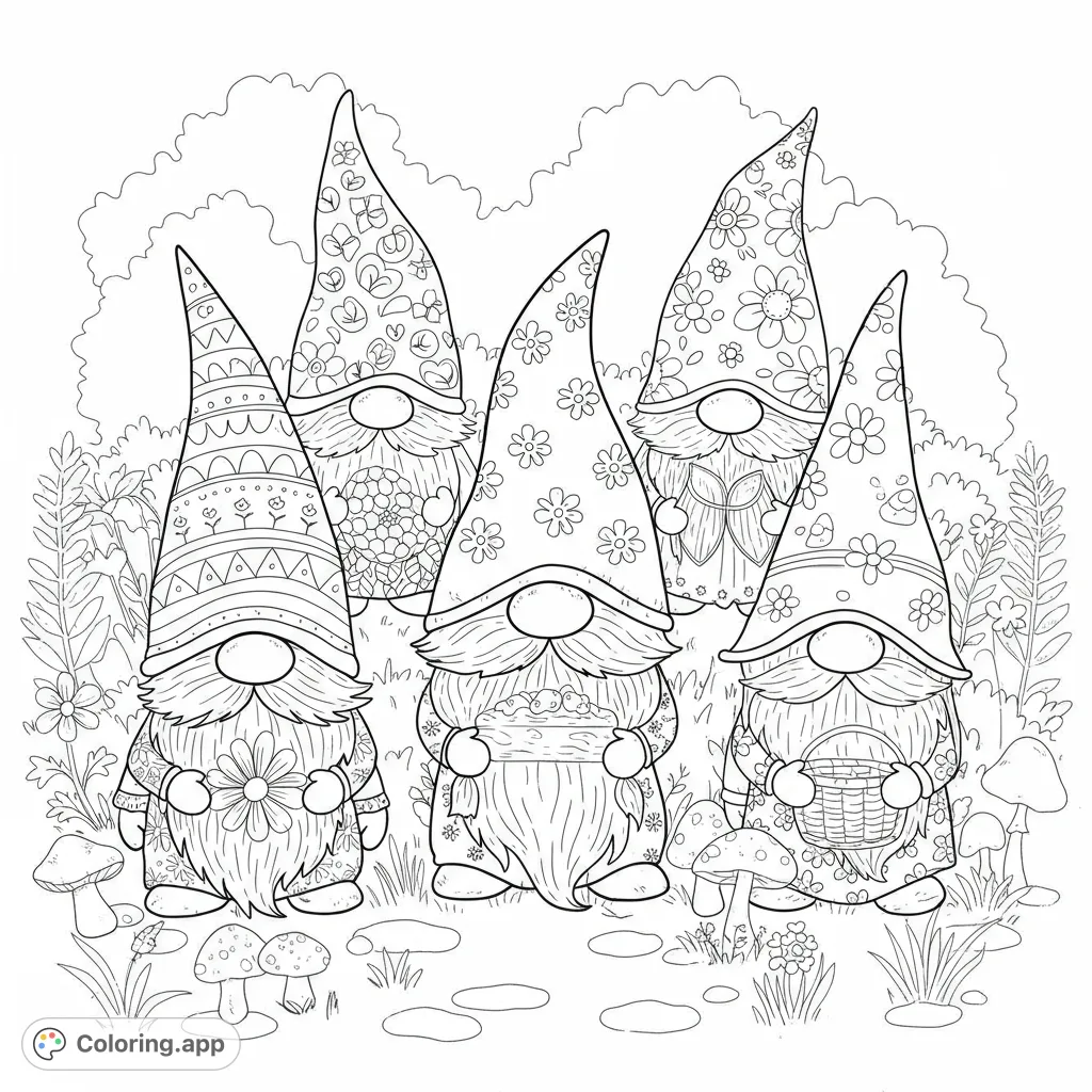 Discover five charming gnomes with patterned hats and long beards in a magical garden. A delightful gnome coloring page, perfect for whimsical fun for kids and adults!