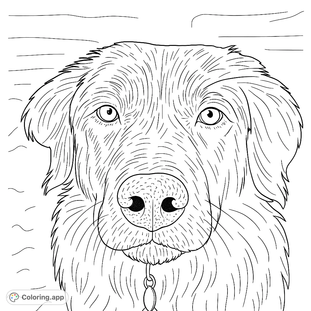 A detailed dog portrait coloring page featuring expressive eyes, textured fur, and a gentle expression, perfect for animal lovers.