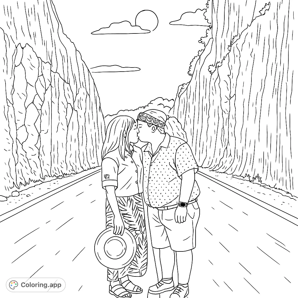 A romantic couple shares a tender kiss on a scenic mountain road, flanked by towering peaks. A free printable coloring page for all ages.