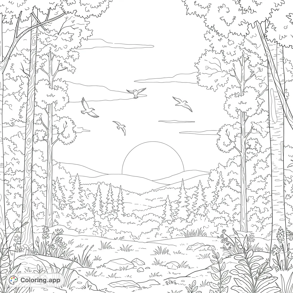 A beautiful forest landscape coloring page featuring a rising sun, flying birds, and lush trees. A free printable nature coloring page for all ages.