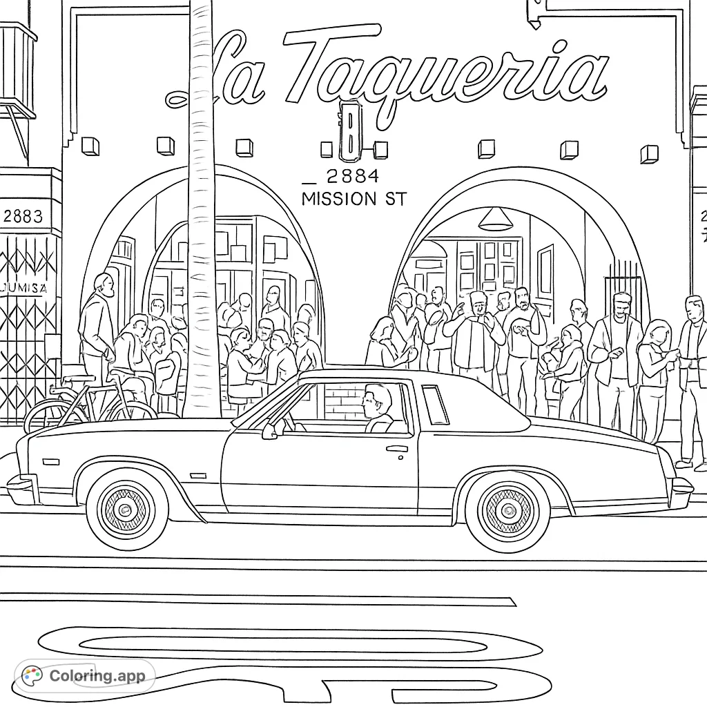 Immerse yourself in a vibrant urban street scene featuring a classic car, bustling taqueria, and lively crowd. A free printable street scene coloring page.