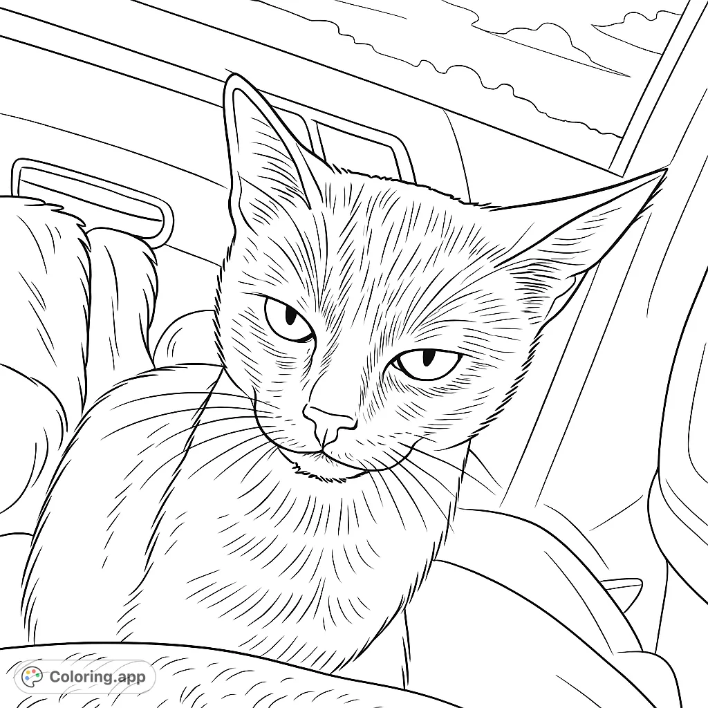 A detailed black and white line drawing of a curious cat looking forward from inside a car, perfect for a free printable cat coloring page.