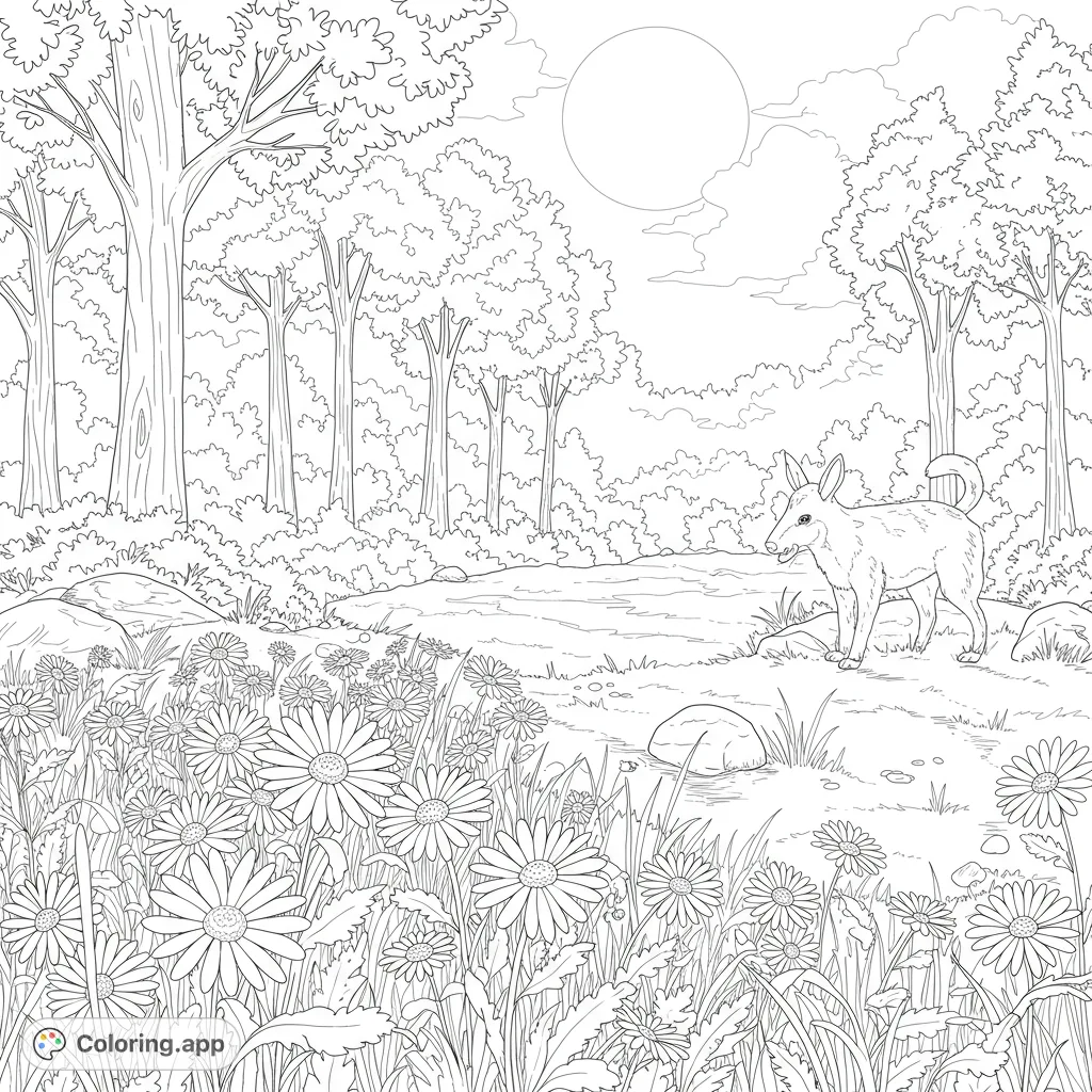 A captivating forest animal coloring page featuring a dingo in a daisy-filled meadow under a moonlit sky. Perfect free printable coloring page for nature lovers.