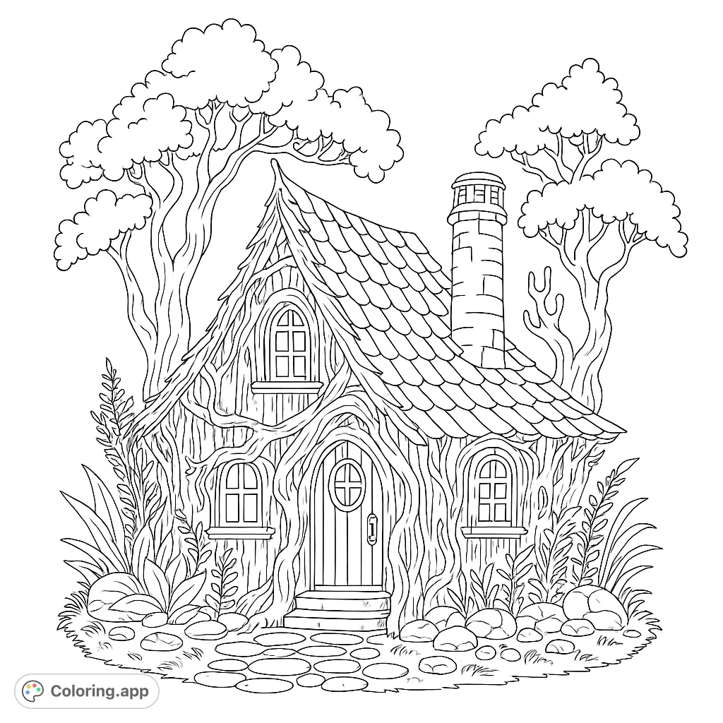 Discover a magical forest dwelling with intricate root details, a shingled roof, and lush foliage. A charming free printable coloring page for all ages.