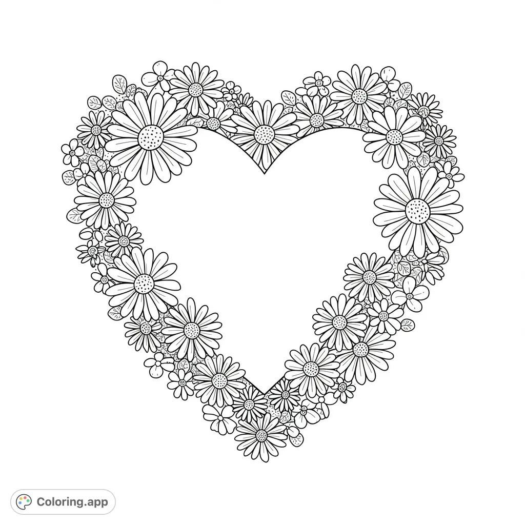 A beautiful floral heart coloring page, perfect for expressing love and creativity. Features intricate daisies and leaves forming a lovely frame.