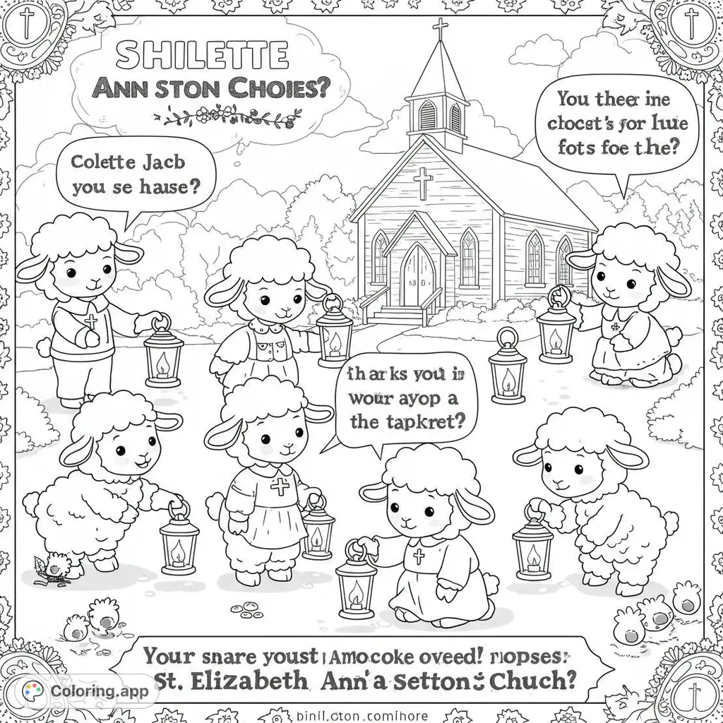 Adorable lambs with lanterns gather outside a charming church, ready for a peaceful evening. A delightful scene for all ages.