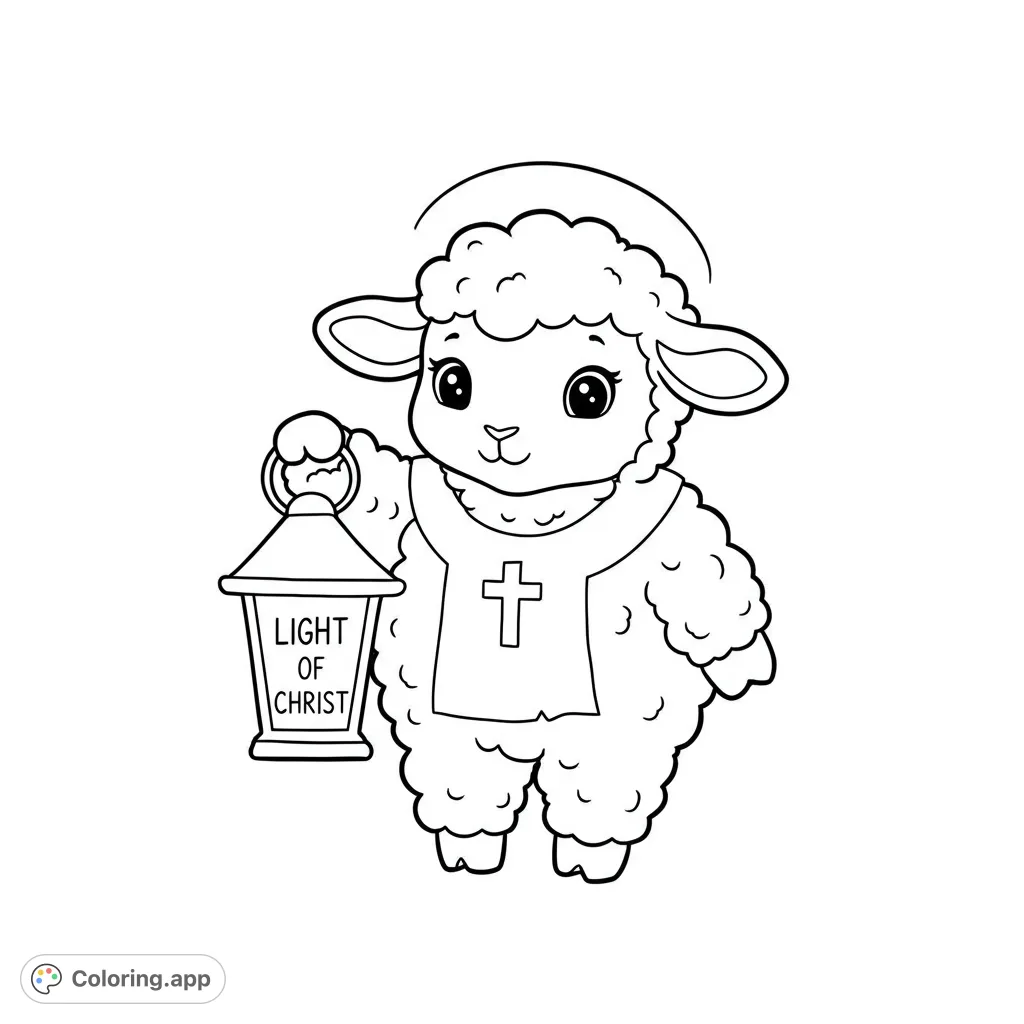 Adorable lamb with a halo and cross tunic holds a lantern, symbolizing light and hope. A charming religious coloring page for all ages.