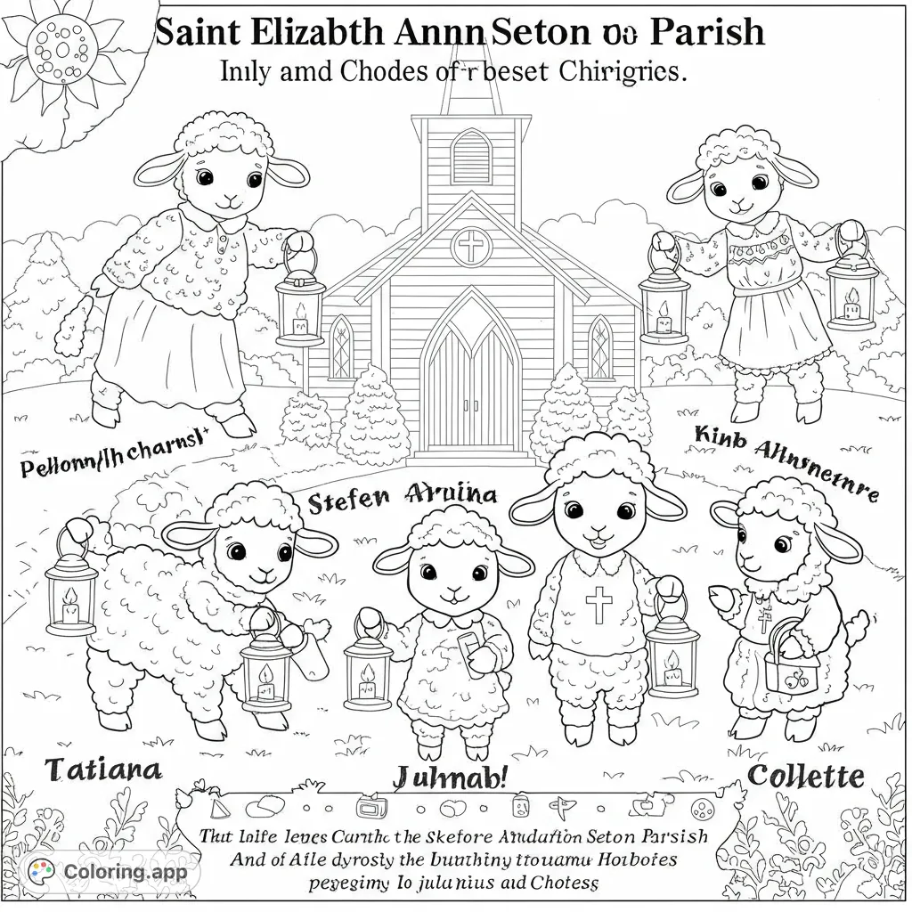 Six adorable sheep with lanterns gather around a charming church, creating a heartwarming and peaceful free printable religious coloring page for all ages.