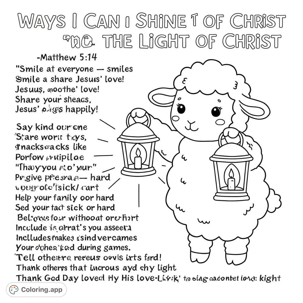 A charming lamb holds two glowing lanterns, radiating warmth and light. A delightful free printable lamb coloring page for kids and adults.