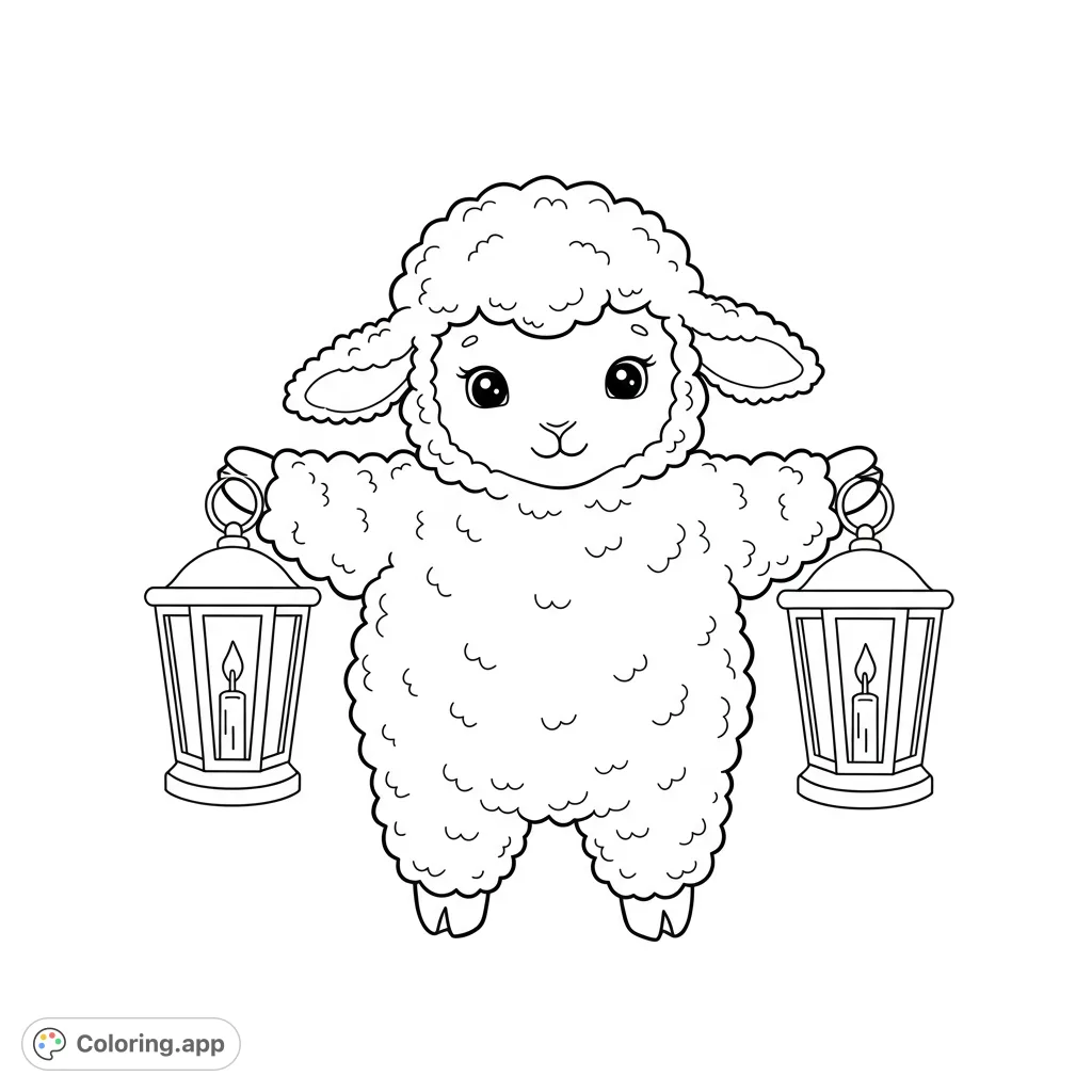 An adorable fluffy lamb holds two glowing lanterns in this charming free printable lamb coloring page, perfect for kids and adults.
